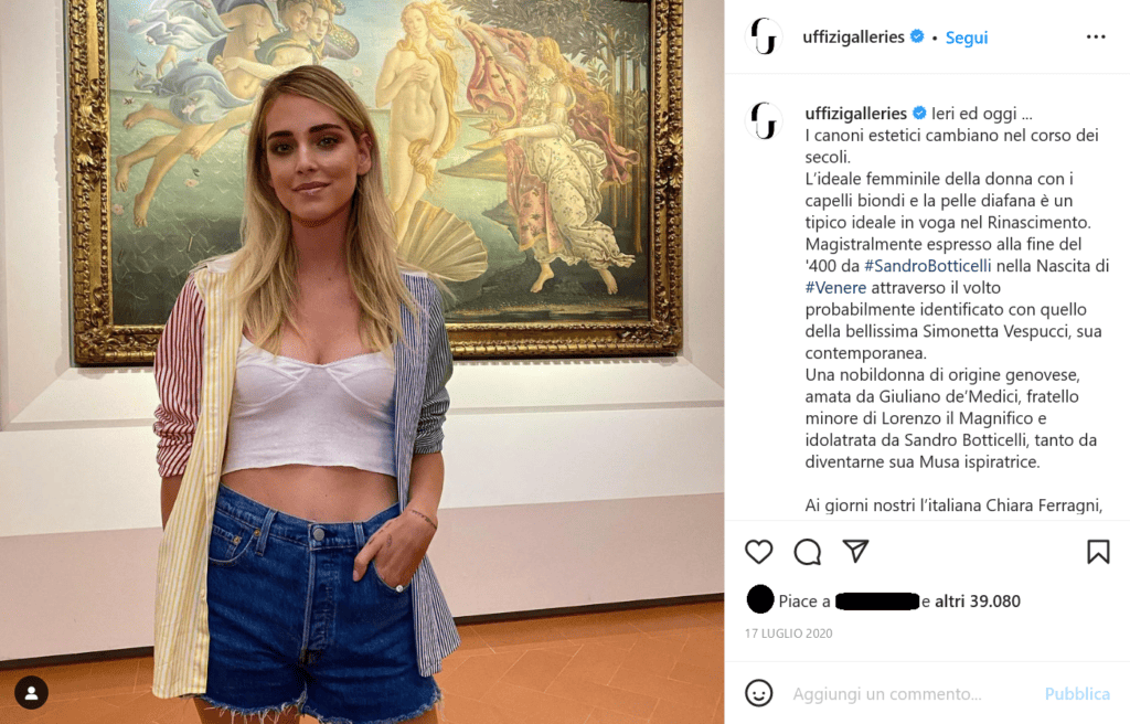 Chiara Ferragni agli Uffizi di Firenze davanti alla Nascita di Venere di Sandro Botticelli post su Instagram