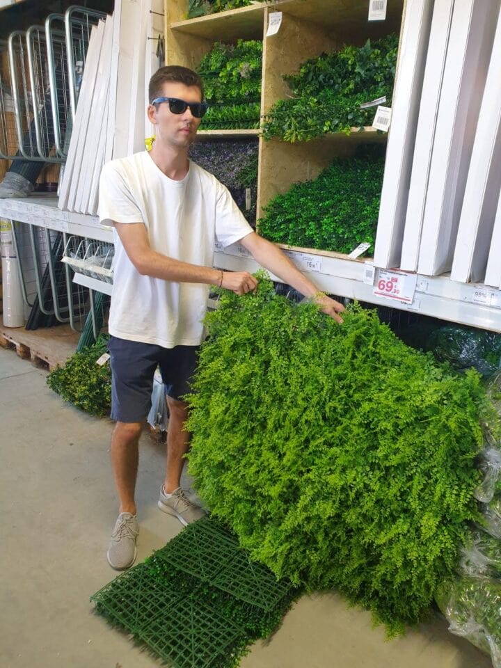 Francesco sceglie le piante per la parete del corridoio dell'ufficio team building Midable Digital Agency